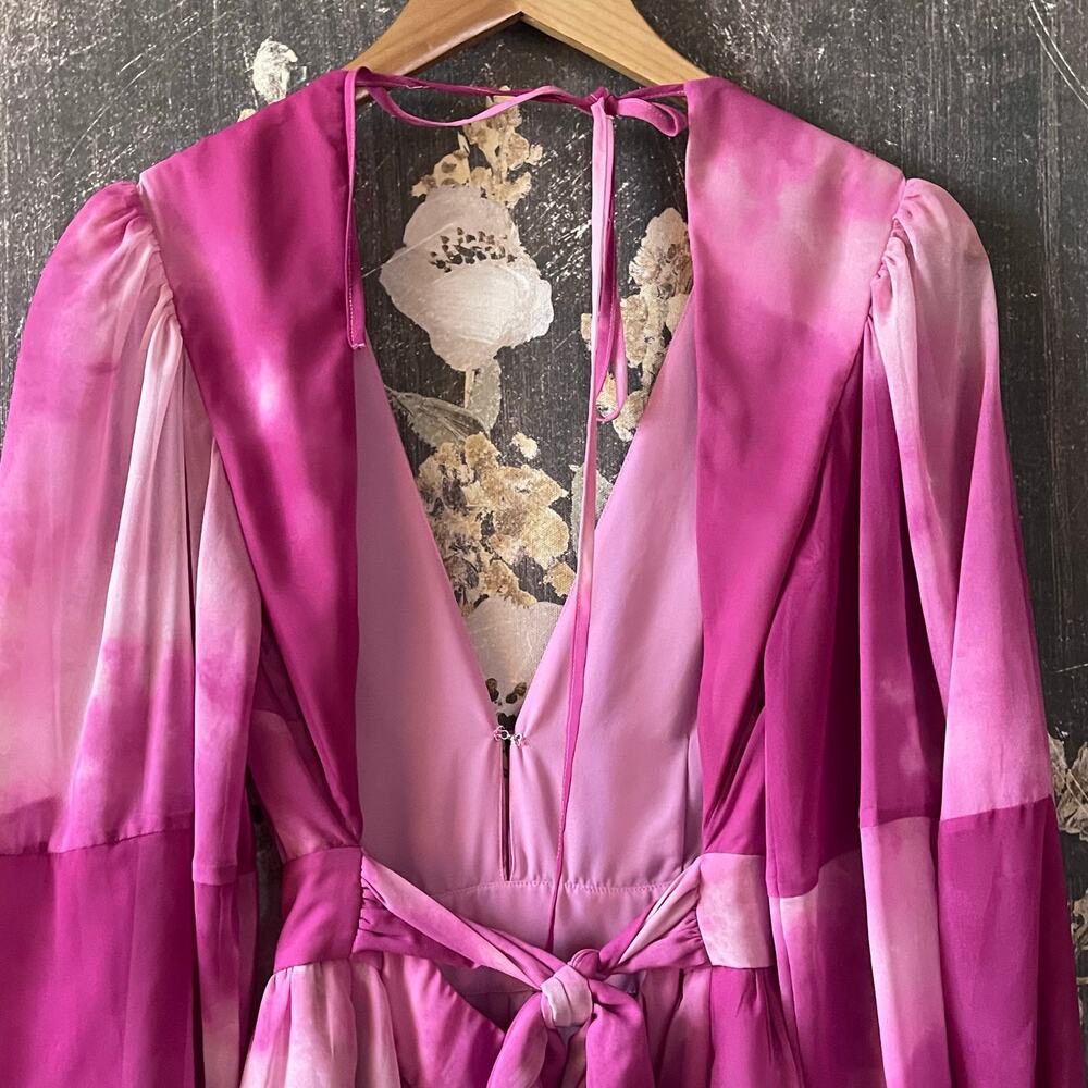 RTR TOCCIN X RTR Pink Tie Dye Romper Sz 2 Open Back Satin Long Sleeve Ruffles - Picture 10 of 12